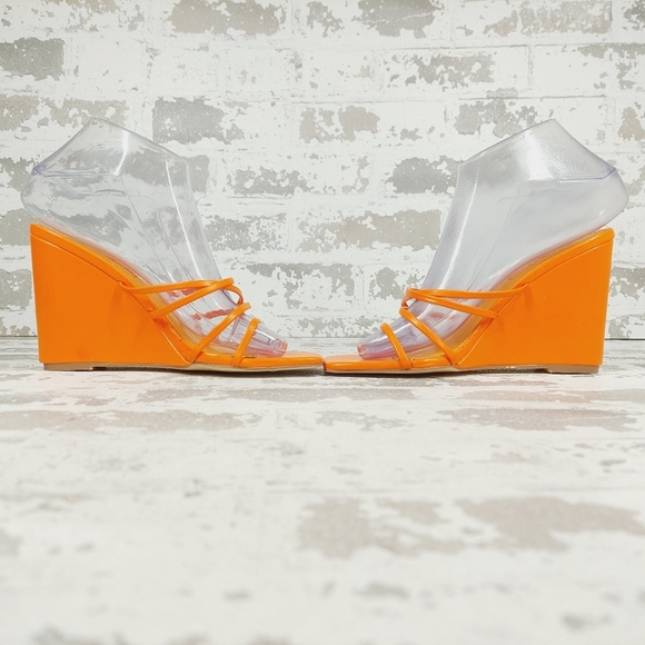 New Topshop Rocco strippy heeled wedge in orange M127 - Picture 7 of 16